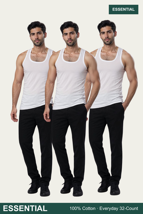 Men Sleeveless Essential Vest (Pack of 3) - White